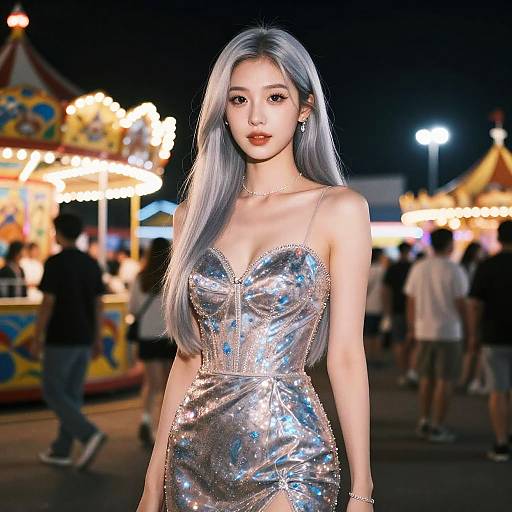 Photograph of an Asian woman with long silver hair, wearing a sparkling silver dress, standing in front of a brightly lit carnival at night. Background includes