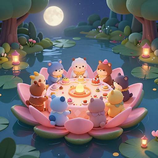 Whimsical digital illustration of seven adorable, colorful animal characters sitting on a glowing pink lotus flower in a moonlit pond, surrounded by floating l