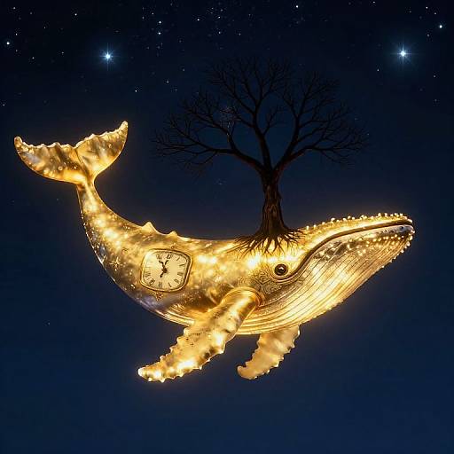 Luminous whale sculpture with clock, illuminated against dark night sky, tree silhouette in background, stars twinkling above. Photorealistic digital art.