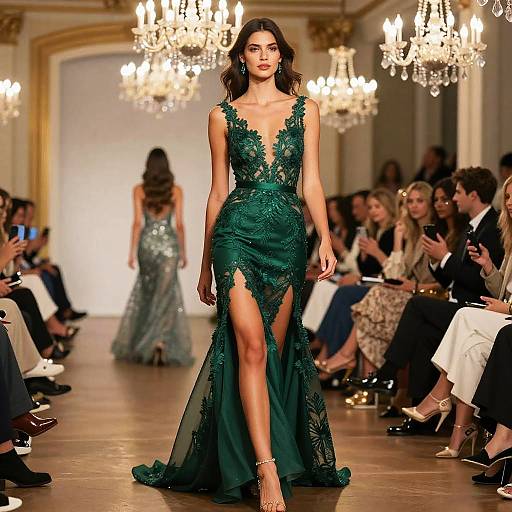 Luxurious Emerald Green Gown on Runway