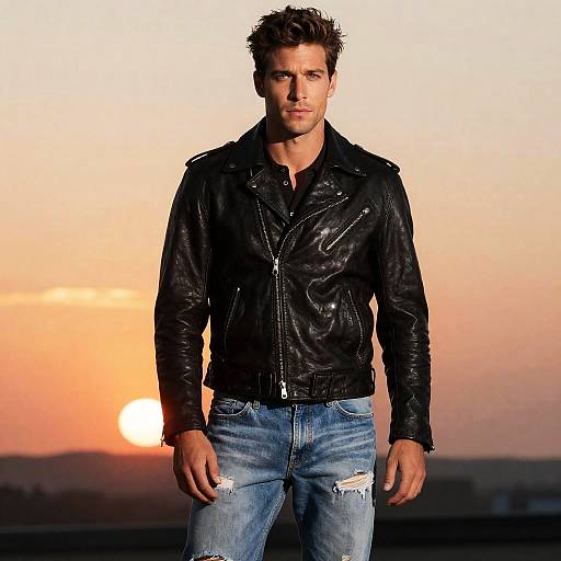 Photograph of a handsome man with short, dark hair wearing a black leather jacket and ripped blue jeans, standing against a sunset sky.