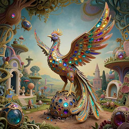 Digital artwork of a vibrant, multicolored phoenix with gemstone-covered wings and tail, standing on a sphere, in a whimsical, surreal garden