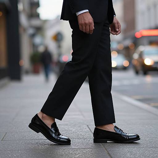 Photograph of a man in black suit pants and polished black loafers walking on a city sidewalk, blurred background with lights and cars.