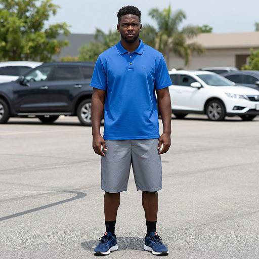 Photograph of a tall, muscular Black man with short curly hair, wearing a blue polo, gray shorts, black socks, and blue sneakers, standing