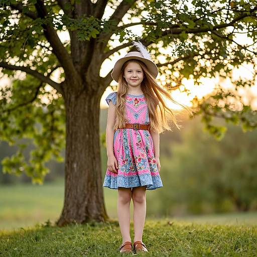 Photograph of a young girl with long blonde hair, wearing a pink floral dress, blue skirt, brown belt, brown hat, and brown shoes,