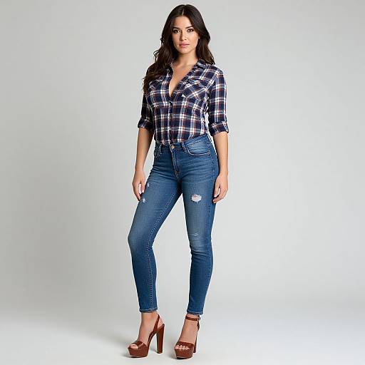 Photograph of a tall, dark-haired woman in a blue and white plaid shirt, blue distressed jeans, and brown high heels, standing against a