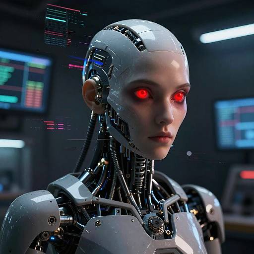 CGI image of a female humanoid robot with glowing red eyes, metallic white head and torso, in a dark, futuristic control room.