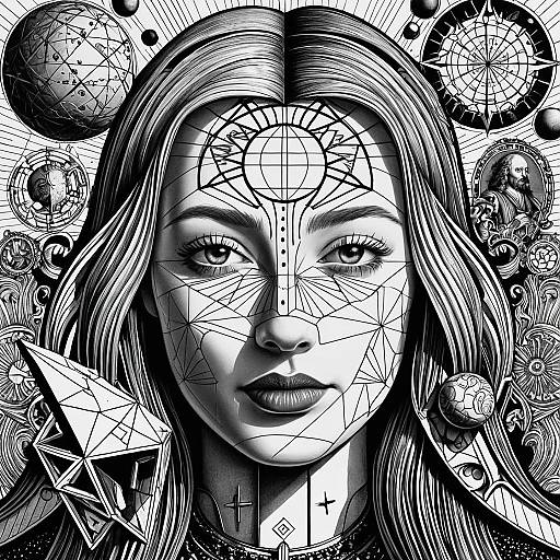 Surreal Female Portrait with Geometric and Historical Elements