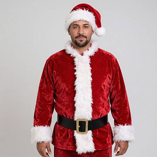 Photograph of a bearded man with medium brown skin, wearing a red velvet Santa suit with white fur trim, black belt, and Santa hat,