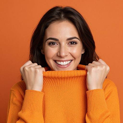 Photograph of a smiling woman with dark brown hair, fair skin, and brown eyes, holding an orange turtleneck sweater against an orange background.