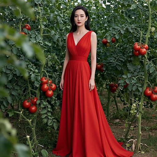 Photograph of an Asian woman in a vibrant red, V-neck, sleeveless gown standing amidst a tomato plant row, surrounded by red tomatoes and green