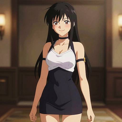 Anime-style digital drawing of a smiling young woman with long black hair, wearing a white tank top and black mini-skirt, standing in a dimly