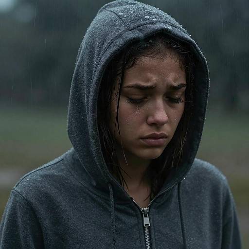 Photograph of a sad, wet-faced young girl with dark hair, wearing a soaked gray hooded sweatshirt, standing in the rain.