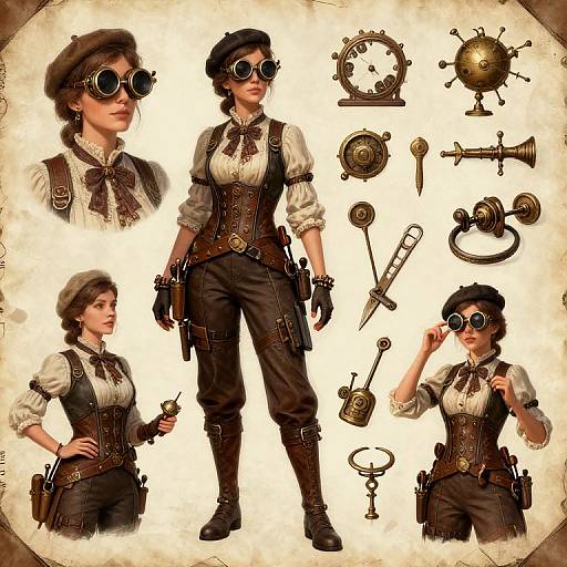 Digital art of a steampunk woman with goggles, brown corset, white blouse, and brown pants, surrounded by vintage clockwork gadgets.