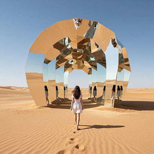 Photograph of a woman in a white dress, facing a large, reflective, mirrored sculpture in a desert under a clear blue sky.