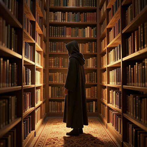 Mystical Cloaked Figure in Library