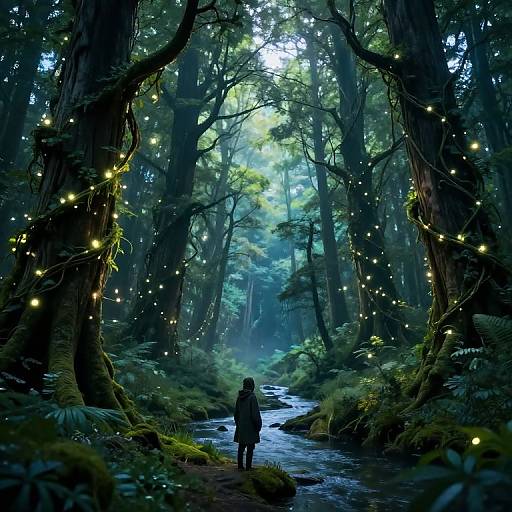 Digital fantasy art of a dark forest with glowing fireflies, tall trees, and a lone silhouette standing by a misty stream.
