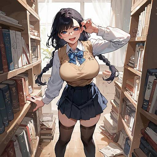 Anime Schoolgirl in Library