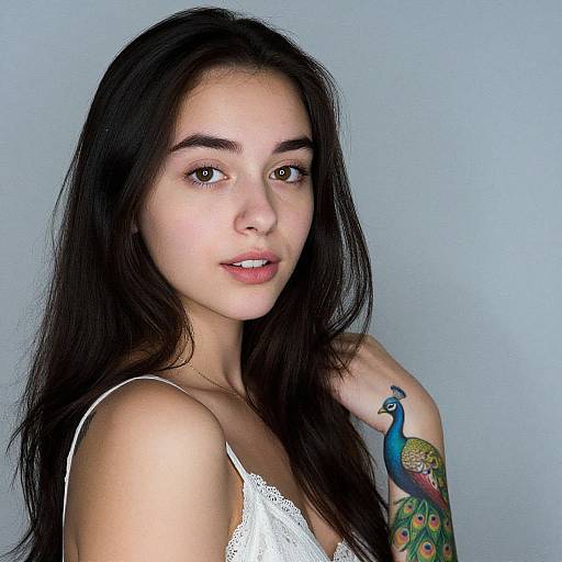 Photograph of a young woman with long black hair, fair skin, and brown eyes, wearing a white lace top, showing a colorful peacock tattoo