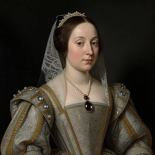 Photograph of a 17th-century aristocratic woman in an ornate, silver-embroidered gown with puffed sleeves, black pearl necklace