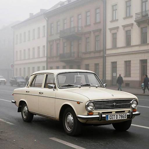 Photograph of a vintage cream-colored car driving on a foggy urban street with multi-story buildings in the background. License plate reads 
