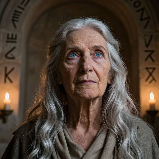 Photograph of an elderly woman with long, silver hair and blue eyes, wearing a brown robe, standing in a dimly lit, stone-walled