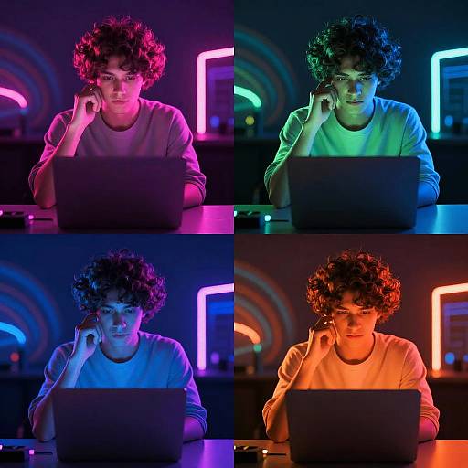 Photograph of a curly-haired man in neon-lit room, wearing white shirts, using a laptop, with colorful neon lights in each quadrant.