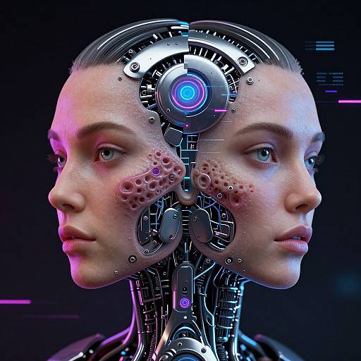 CGI image of a cybernetic human face with mechanical parts, glowing blue eyes, and pink-lit skin, against a dark background.