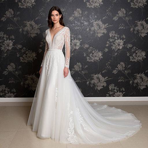 Photograph of a slender woman with long black hair in a white lace wedding gown with a deep V-neck and long train, standing against a dark floral