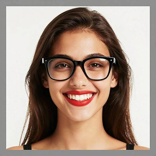 Photograph of a smiling young woman with long brown hair, wearing black-framed glasses and red lipstick, against a white background.