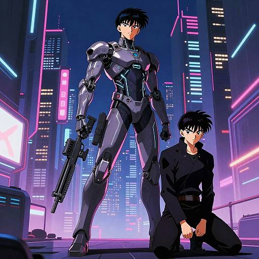 Anime-style digital illustration of two black-haired men in a neon-lit futuristic city: one standing in a sleek, black armored suit holding a gun,