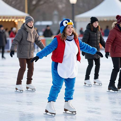 Photograph of a joyful young girl in a penguin costume skating outdoors, surrounded by other skaters in winter clothing.