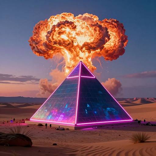 Photograph of a neon-lit, glass pyramid in a desert, exploding in a massive, fiery explosion against a twilight sky.