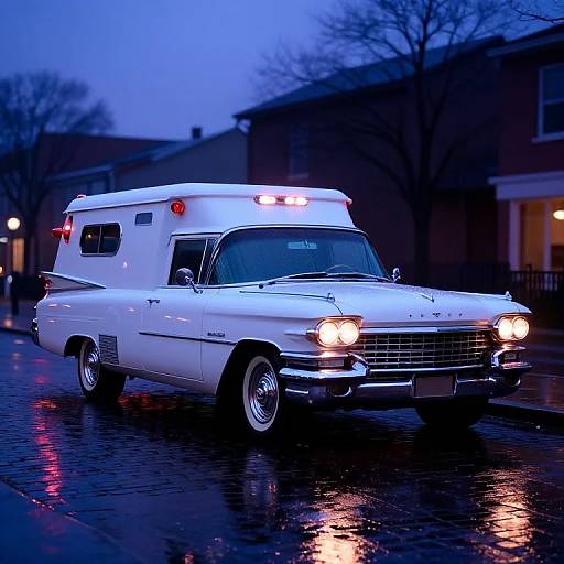Photograph of a white vintage ambulance with flashing red lights, parked on a wet, reflective street at dusk, with darkened buildings and bare trees in