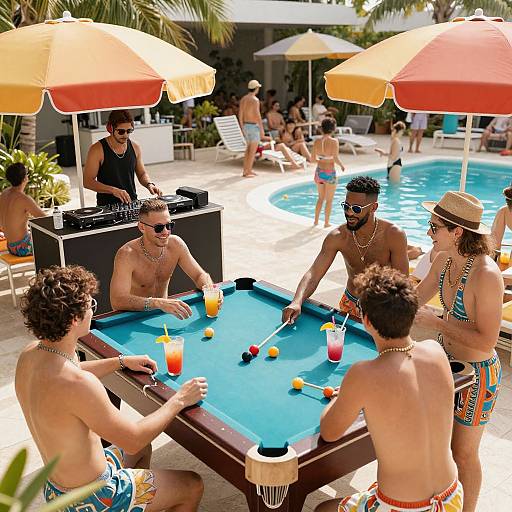 Photograph of diverse, shirtless men playing pool by a sunny poolside, with colorful swimwear, umbrellas, and drinks, surrounded by palm