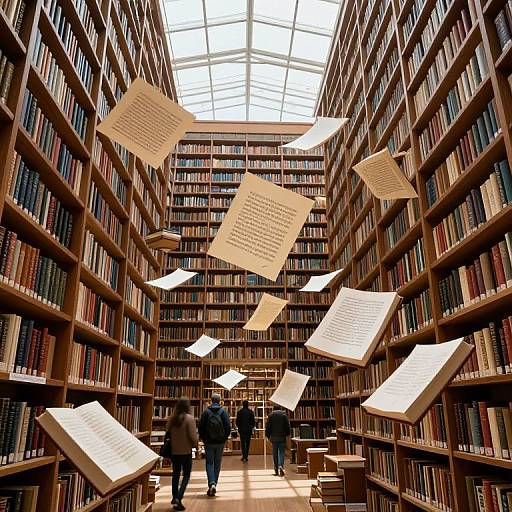 Photograph of a grand library with tall wooden bookshelves, papers floating mid-air, and three people walking down the aisle.