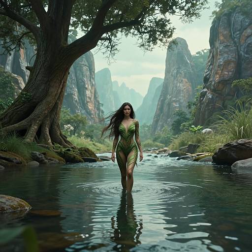 Digital artwork of a long-haired woman in a green, leaf-patterned dress walking through a serene, rocky river surrounded by towering cliffs and lush trees.