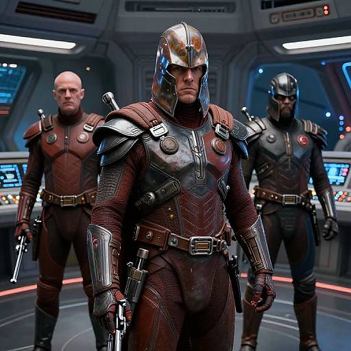 Photograph-style CGI of three muscular men in dark, armored suits with metallic shoulder plates and helmets in a futuristic spaceship control room. Central figure stands front