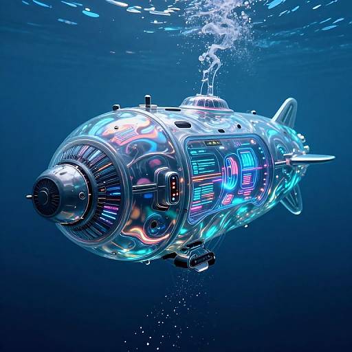 Surreal Mercury Submarine in Bioluminescent Ocean