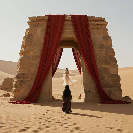 Photograph of a desert scene with a stone archway draped in red curtains, a bride in white standing behind, and a veiled figure in black