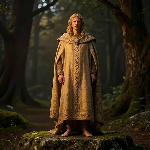 Photograph of a blonde man in a golden medieval robe with intricate patterns, standing barefoot on a mossy rock in a dimly lit forest.