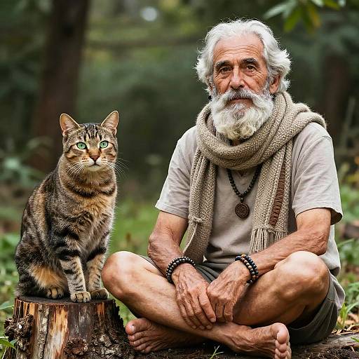 Elderly Man and Majestic Tabby Cat