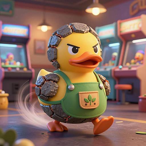 Anthropomorphic Rubber Duck with Lava Rock Armor in Arcade