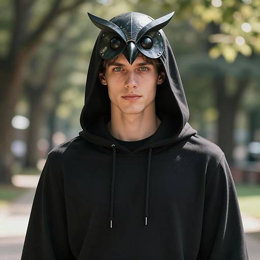 Young Man Wearing Metallic Owl Helmet and Black Hoodie