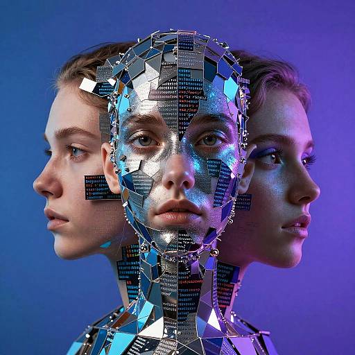 Photograph of two Caucasian women with metallic, mirror-like mosaic faces, one in profile, one frontal, against a blue-purple gradient background.