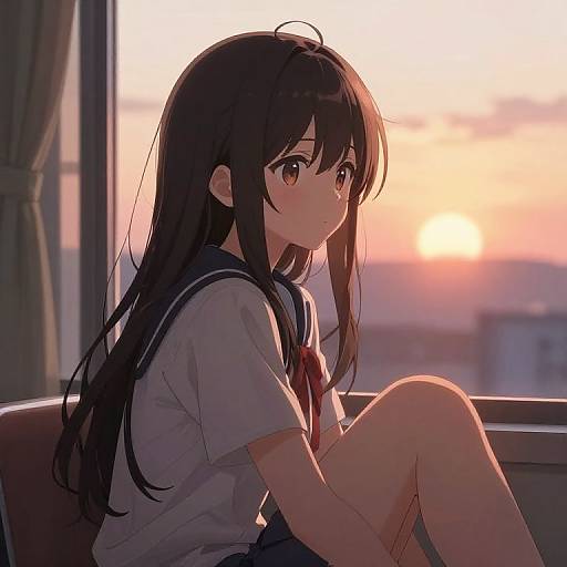 Serene Anime Girl at Sunset Window