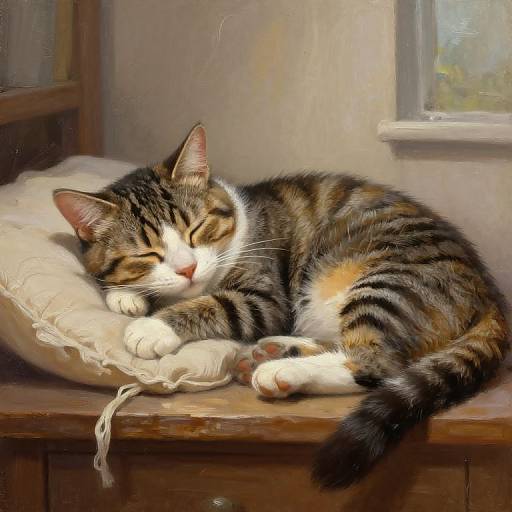 Painting of a chubby, tabby cat with white paws and face, sleeping on a beige pillow atop a wooden table by a sunlit window