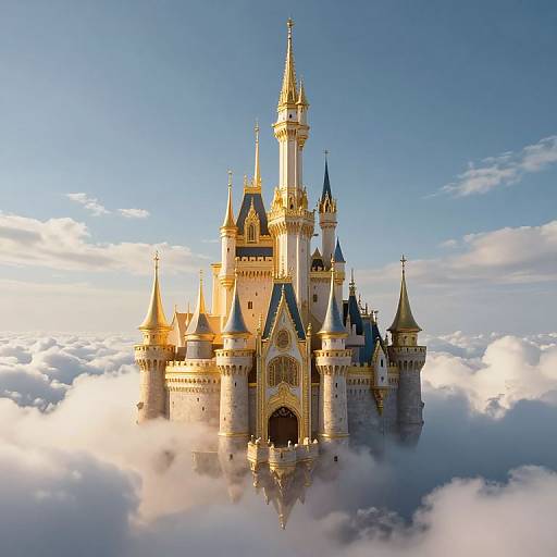 Photorealistic CGI of a golden, blue-roofed fairy tale castle floating among fluffy white clouds under a bright blue sky.
