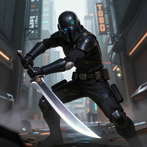 Stealthy Bounty Hunter Drawing Plasma Blade