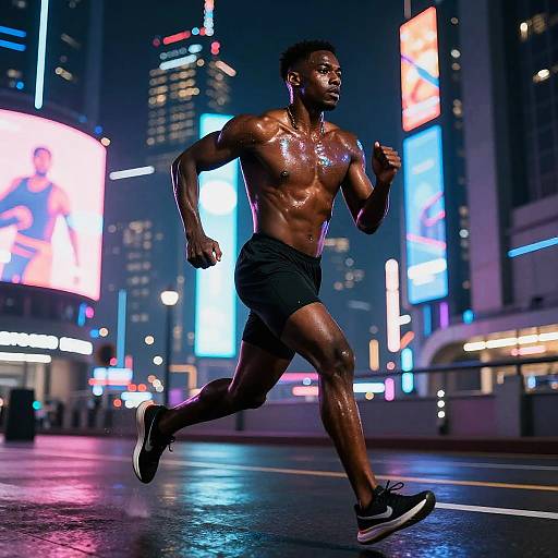 Man Running Through Neon-Lit City at Night